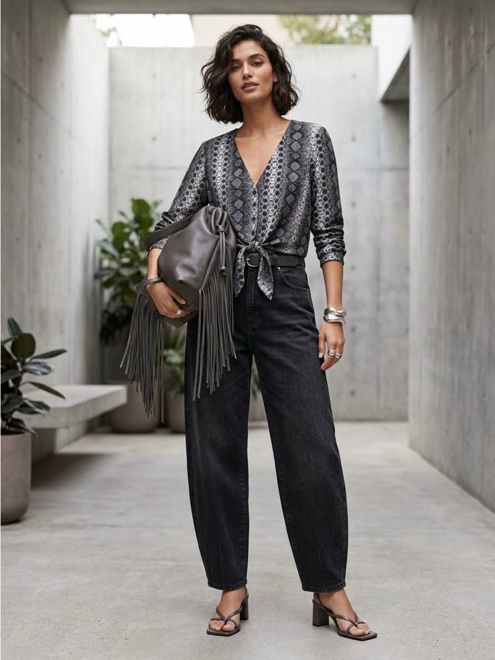 H&M V-neck Snakeskin Print Blouse with Front Tie